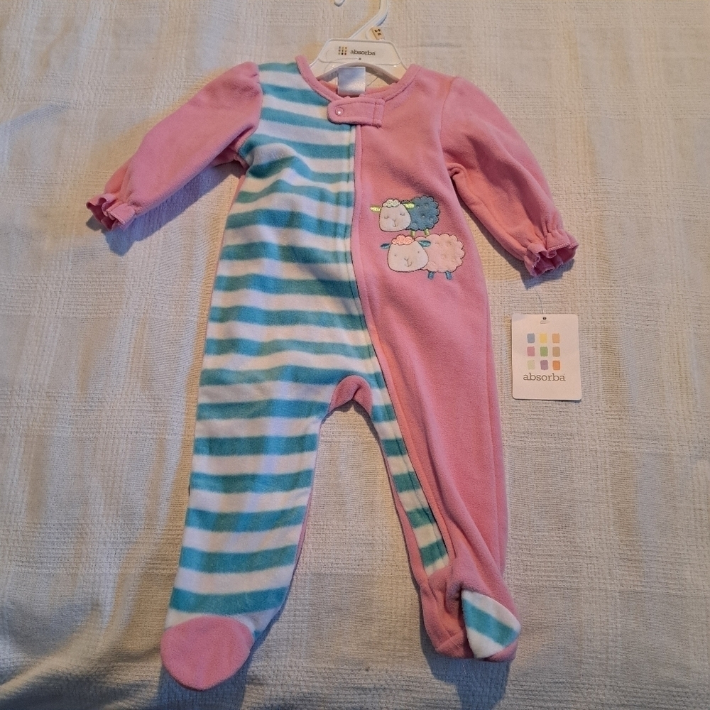 Absorba girls size 6-9 months lamb footie, pink, blue & white, New
